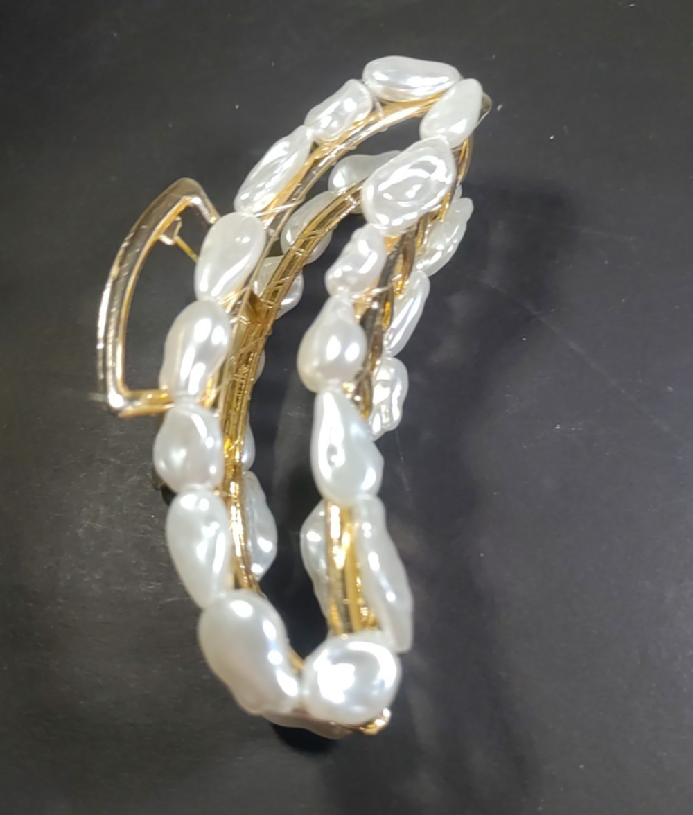 Faux Pearl Large Hair Barrette Clip Gold Tone White